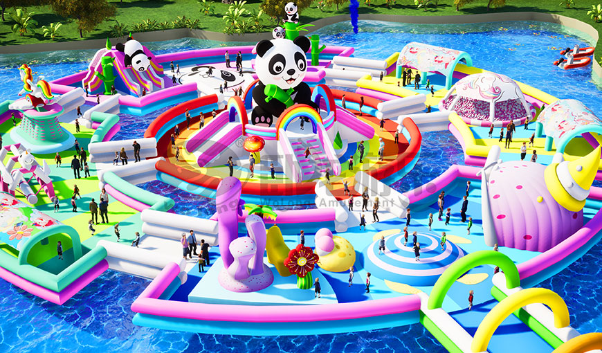组合式熊猫漂浮乐园,开在水面上的大型游乐园